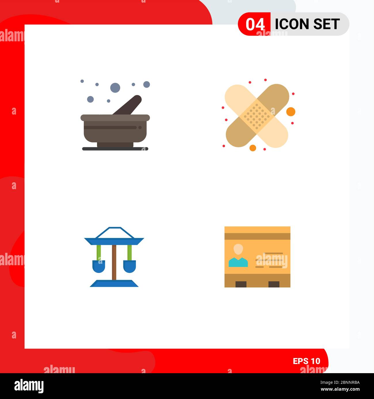 Group of 4 Flat Icons Signs and Symbols for cooking, law, pestle, first aid, id Editable Vector Design Elements Stock Vector