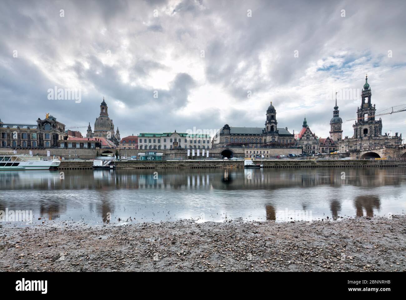 Elbe panorama, Frauenkirche, Brühlsche Terrasse, Zwinger, Hofkirche, Augustusbrücke, Dresden, Saxony, Germany, Europe, Stock Photo