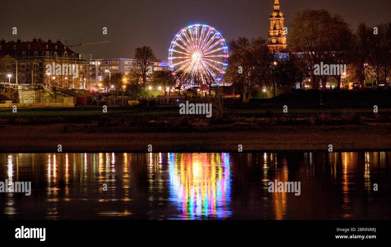 Elbe, Neustadt, ferris wheel, blue hour, Dresden, Saxony, Germany, Europe, Stock Photo