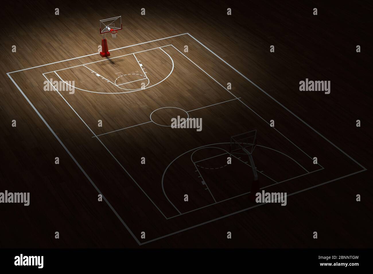 Basketball Court Rendering Basketball court with wooden floor, 3d rendering. Computer digital ...