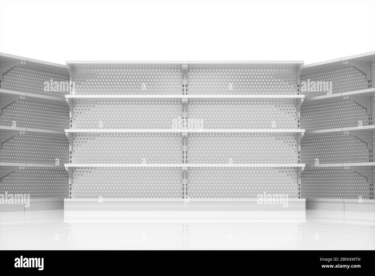 Empty supermarket shelves with white background, 3d rendering. Computer digital drawing. Stock Photo