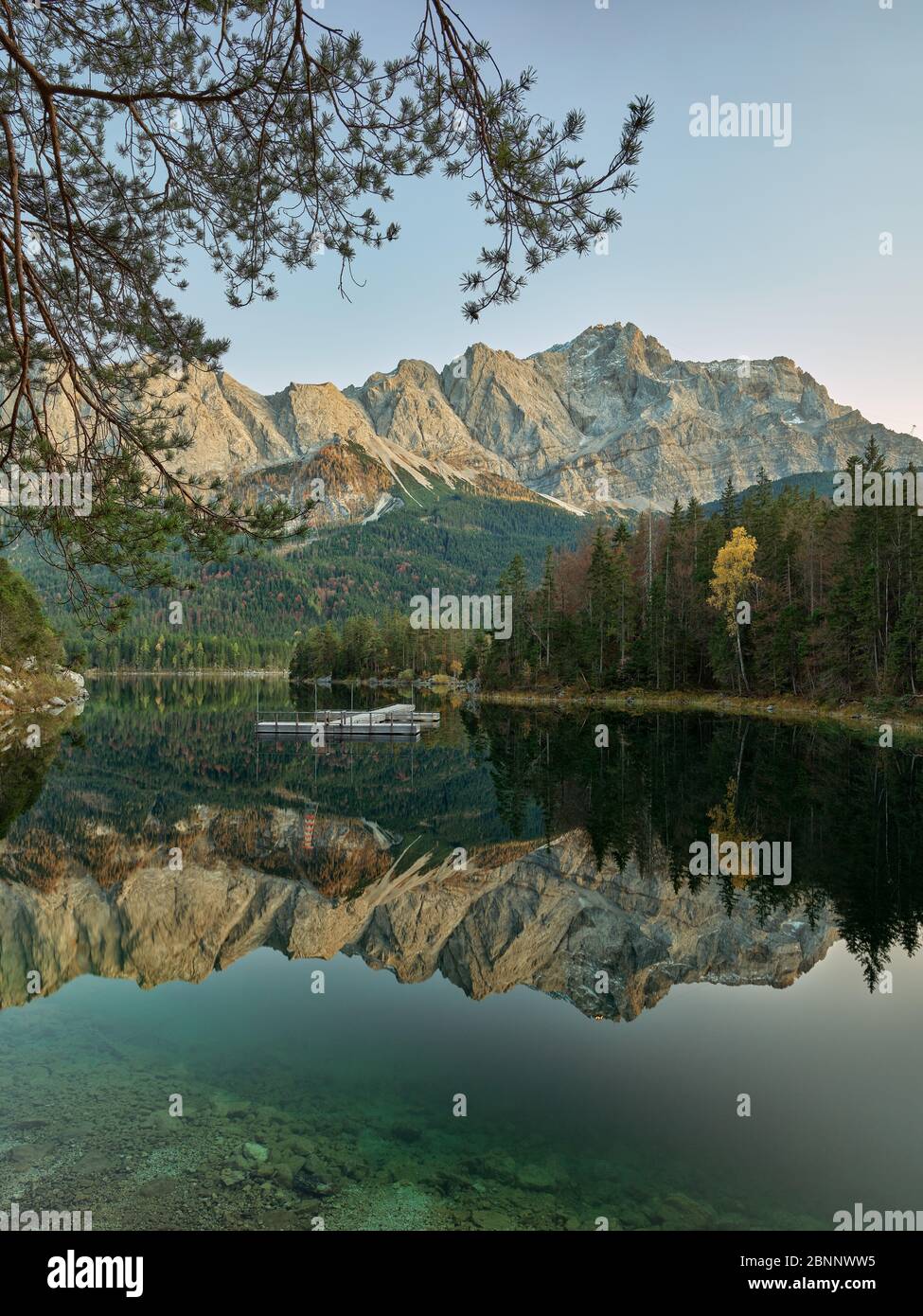 Lake, reflection, mountains, rock face, autumn, fall, mountain forest, bay Stock Photo