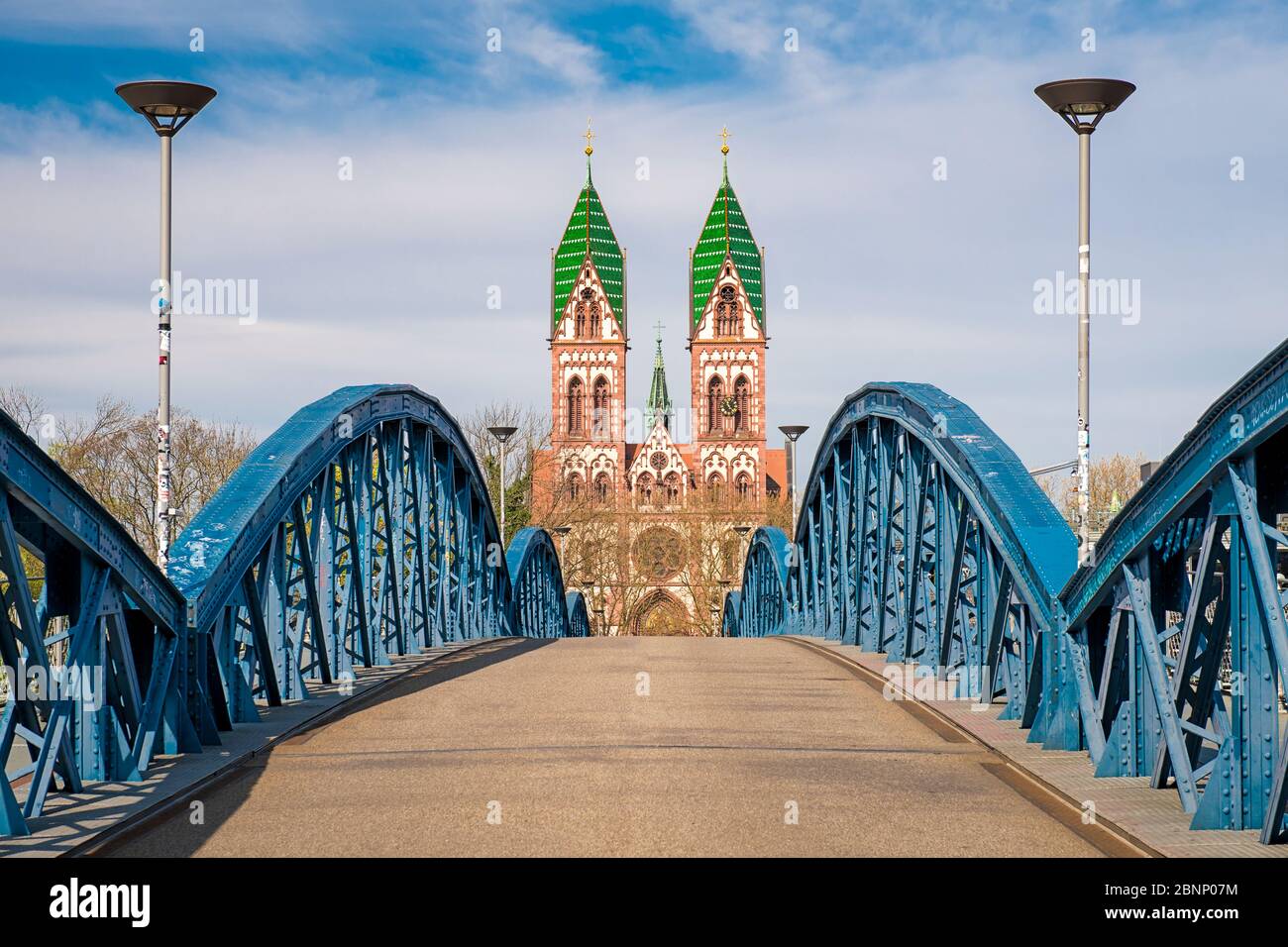 Herz Jesu church and Wiwilí bridge in Freiburg, Germany Stock Photo