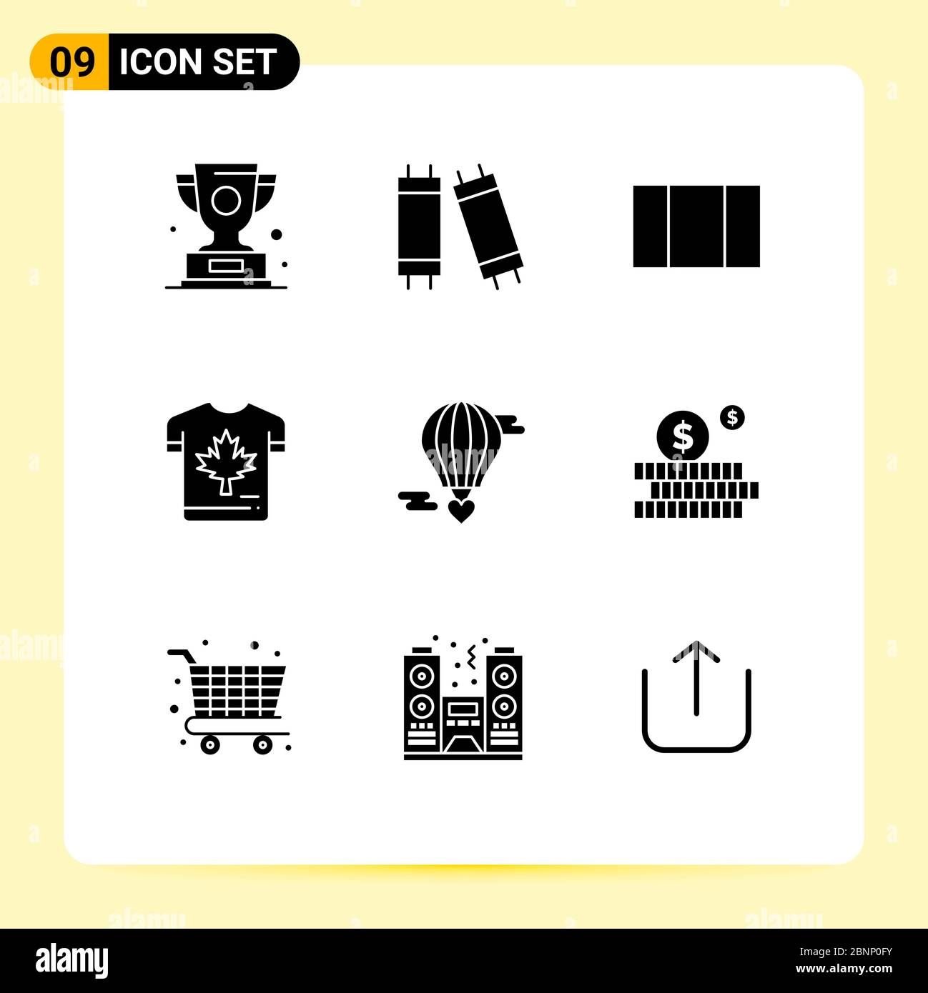 Pack of 9 Modern Solid Glyphs Signs and Symbols for Web Print Media such as hot baloon, m flying heart, layout, maple, canada Editable Vector Design E Stock Vector