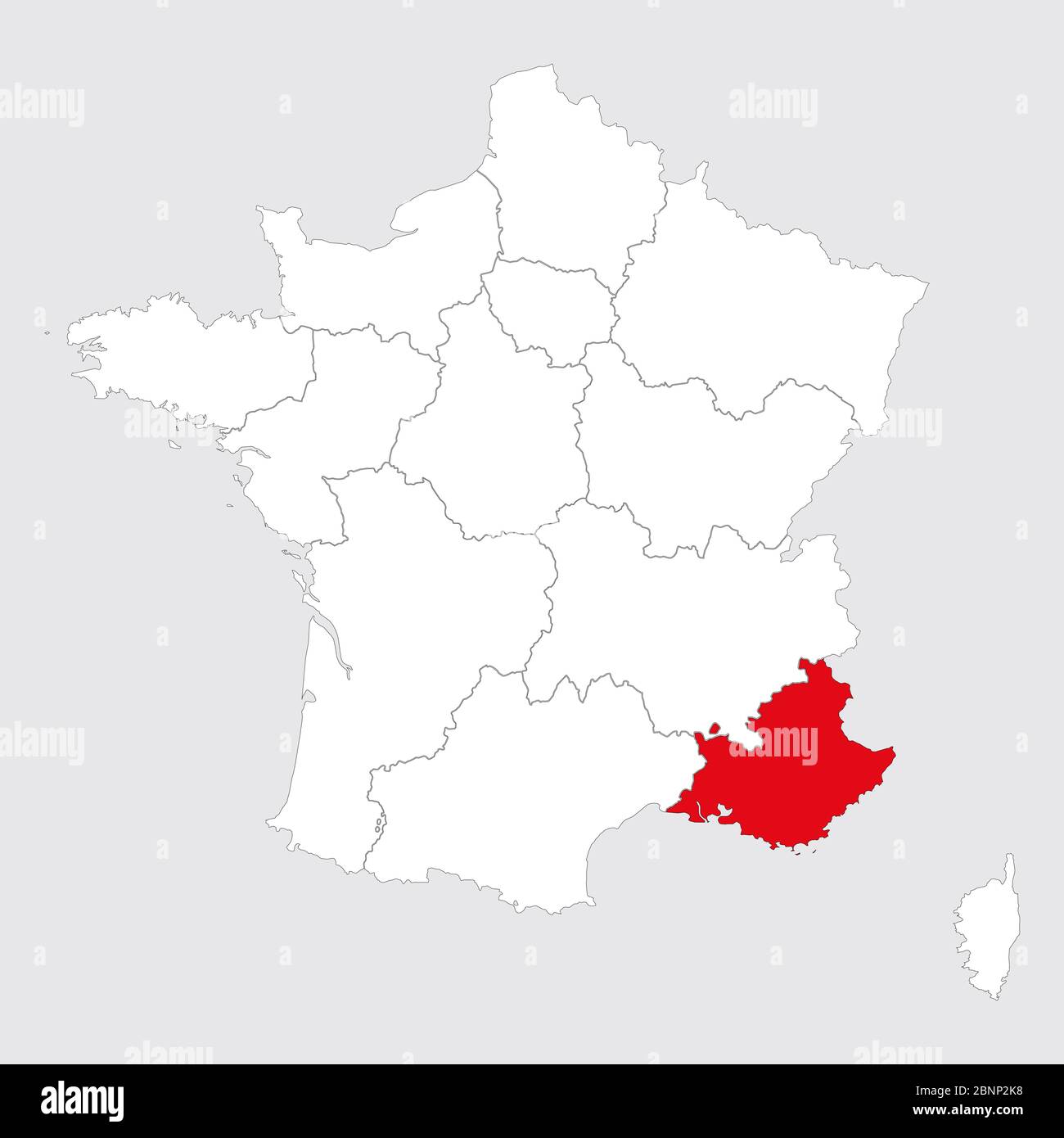 Provence alpes cote d'azur highlighted red on france map. Gray background. Stock Vector