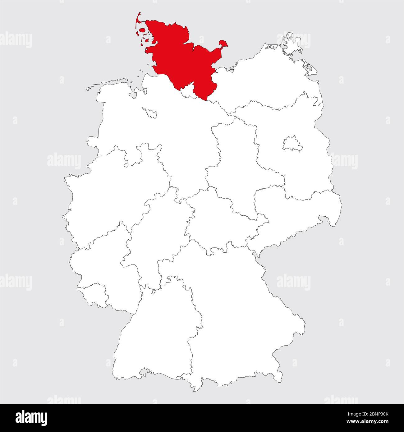 Schleswig holstein province highlighted red on germany map. Gray background. German political map. Stock Vector