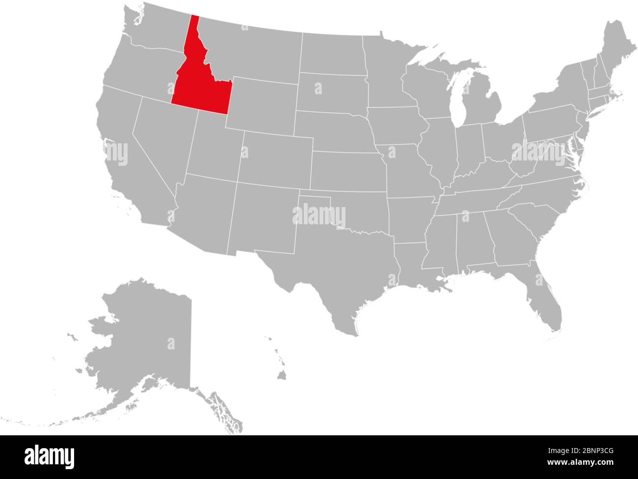 Idaho state highlighted red on USA political map vector illustration. Gray background. Stock Vector