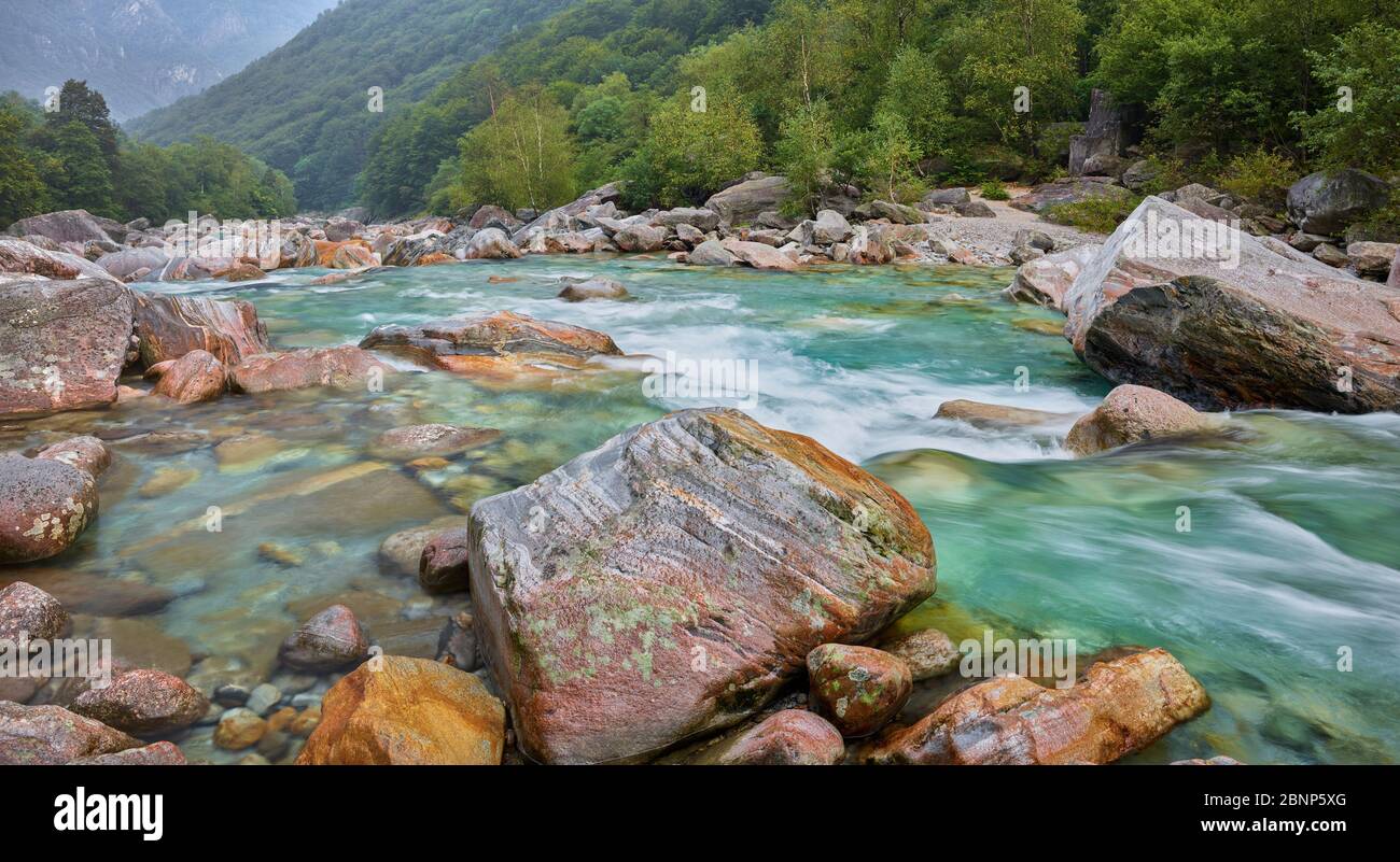Versasca Rocks in the Verzasca Valley, Verzasca River, Ticino, Switzerland Stock ...