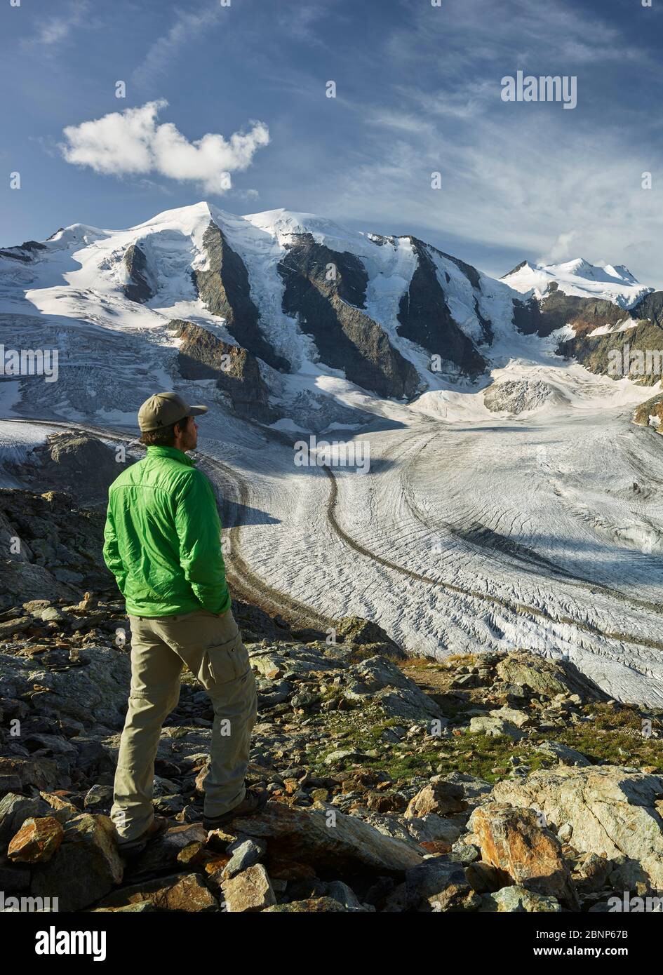 Hikers, Piz Palü, Pers Glacier, Diavolezza, Graubünden, Switzerland Stock Photo