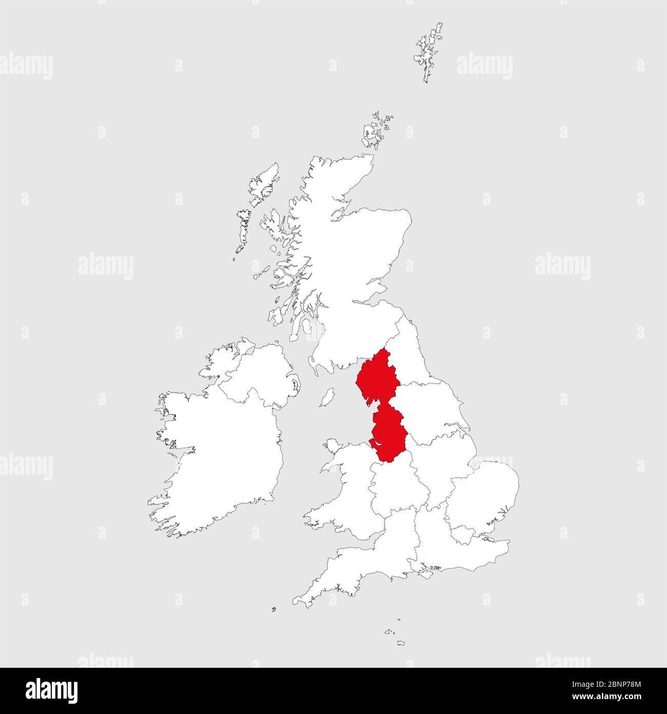 North west England map highlighted red color on united kingdom. Light gray background. Stock Vector
