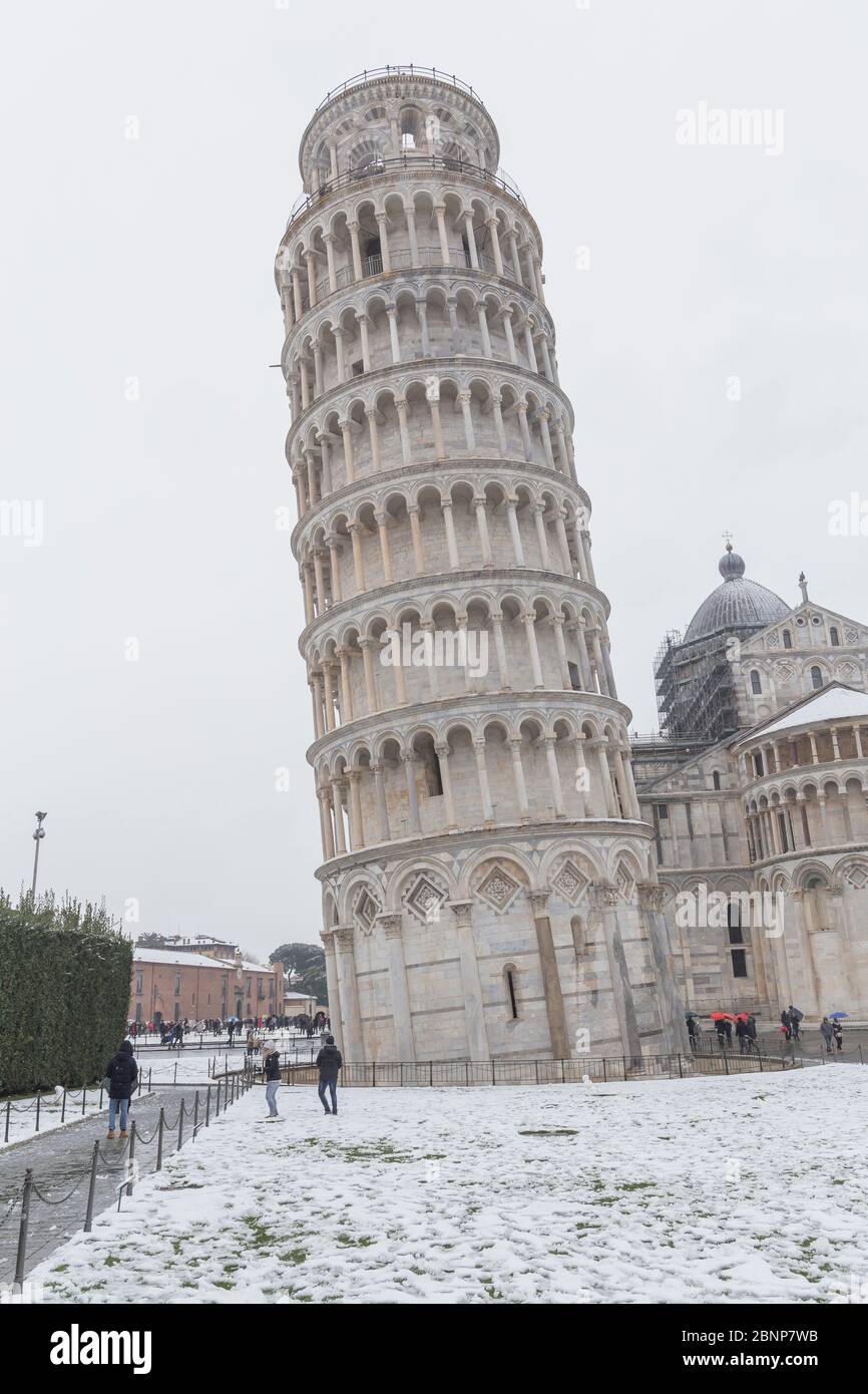 Leaning Tower and in a snowy day, Campo dei Miracoli, Pisa, Tuscany, Italy, Europe Stock Photo