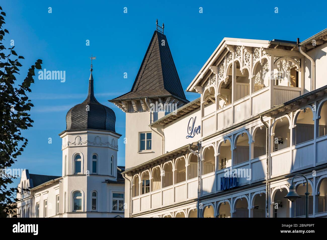 Germany, Mecklenburg-West Pomerania, Baltic Sea Coast, Ruegen Island, Binz, Ostseebad, Loev Hotel, spa architecture, Wilhelminian style Stock Photo