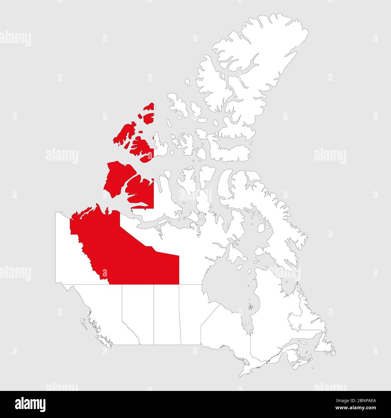 Northwest territories highlighted on canada map. Gray background. Canadian political map. Stock Vector