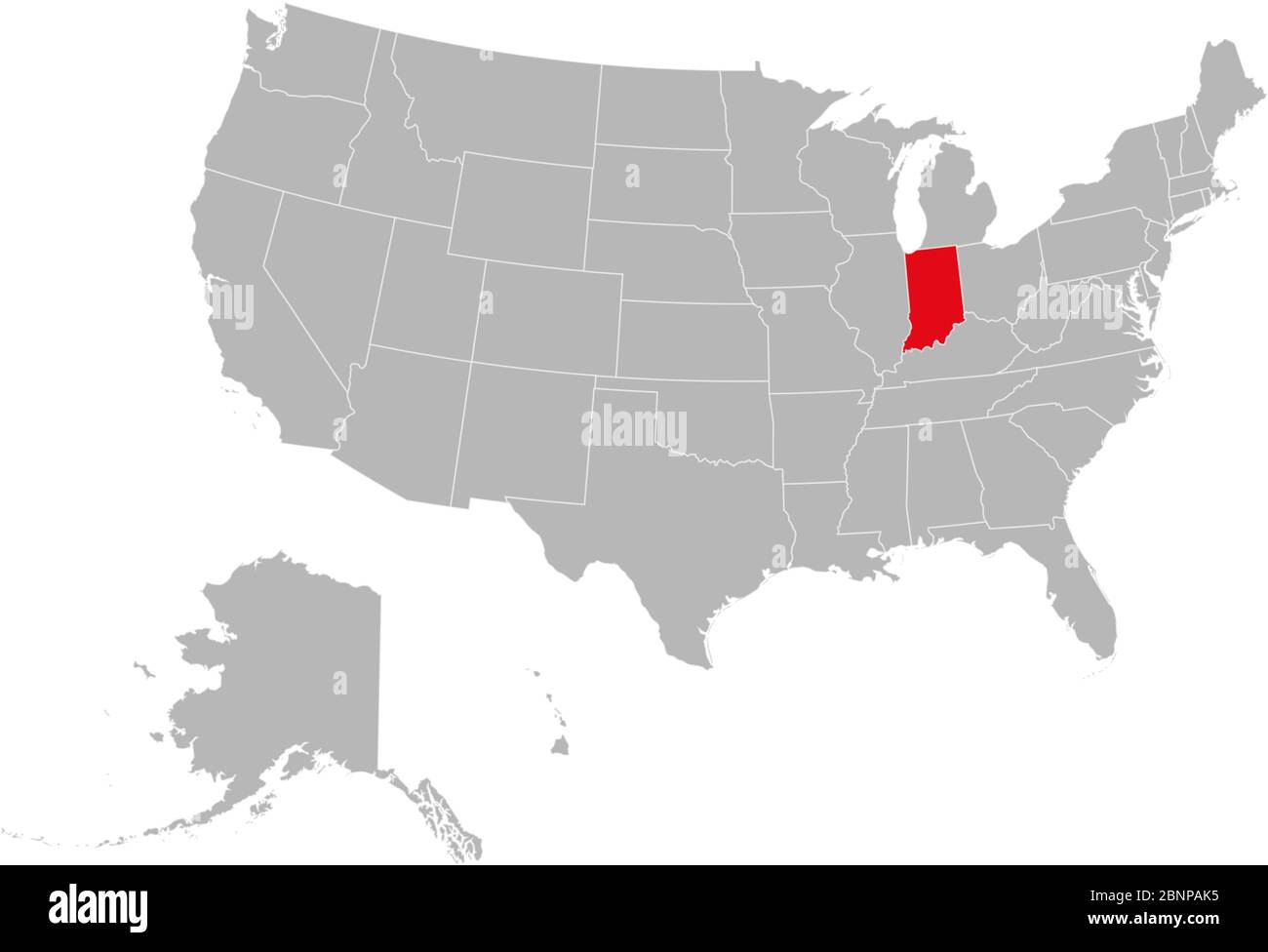 Indiana state highlighted on USA political map vector illustration. Gray background. Stock Vector