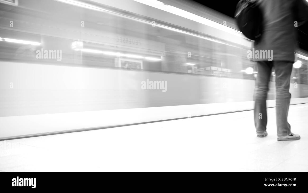 Travelers on the platform, S-Bahn, Stuttgart, Baden-Württemberg, Germany Stock Photo