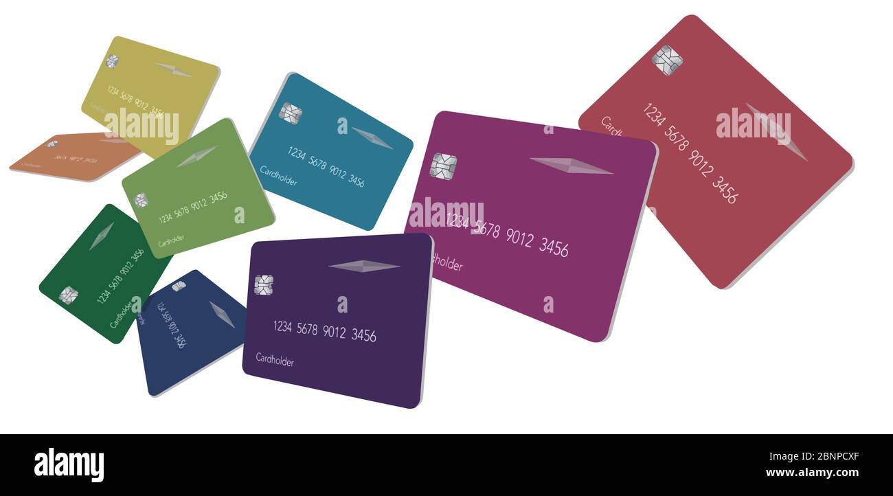 Nine credit card or debit cards in the colors of the spectrum float