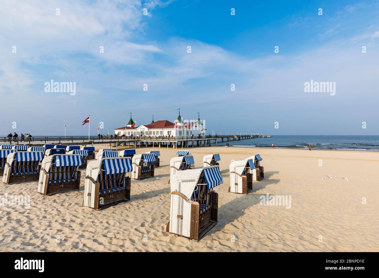 Germany, Mecklenburg-West Pomerania, Baltic Sea, Baltic Sea coast, Usedom Island, Ahlbeck, seaside resort, pier, beach, beach chairs Stock Photo