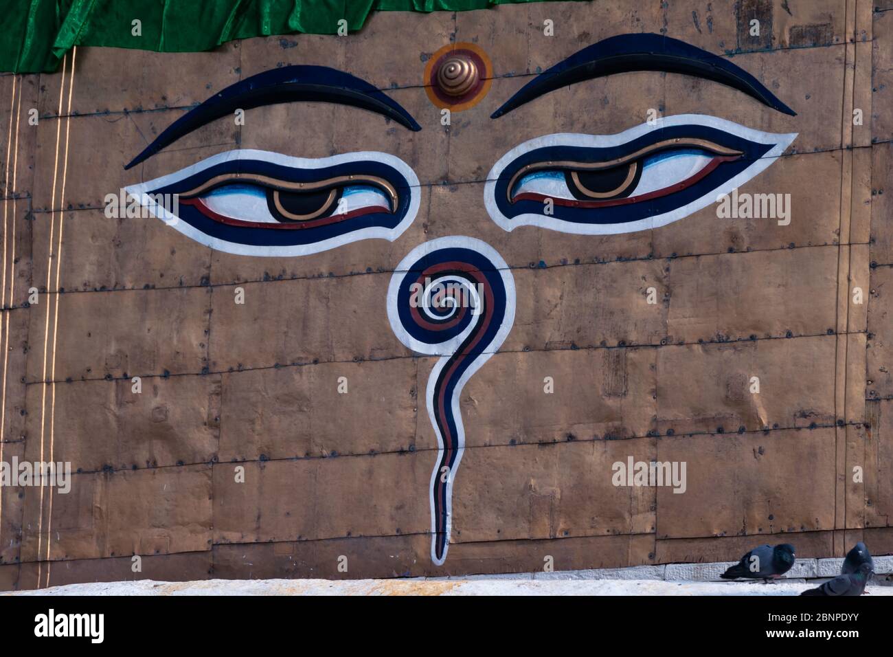 Wisdom eyes of Buddha at Swayambhunath, Kathmandu, Nepal, which is one of the World Heritage Site declared by UNESCO and is one of the top travel dest Stock Photo