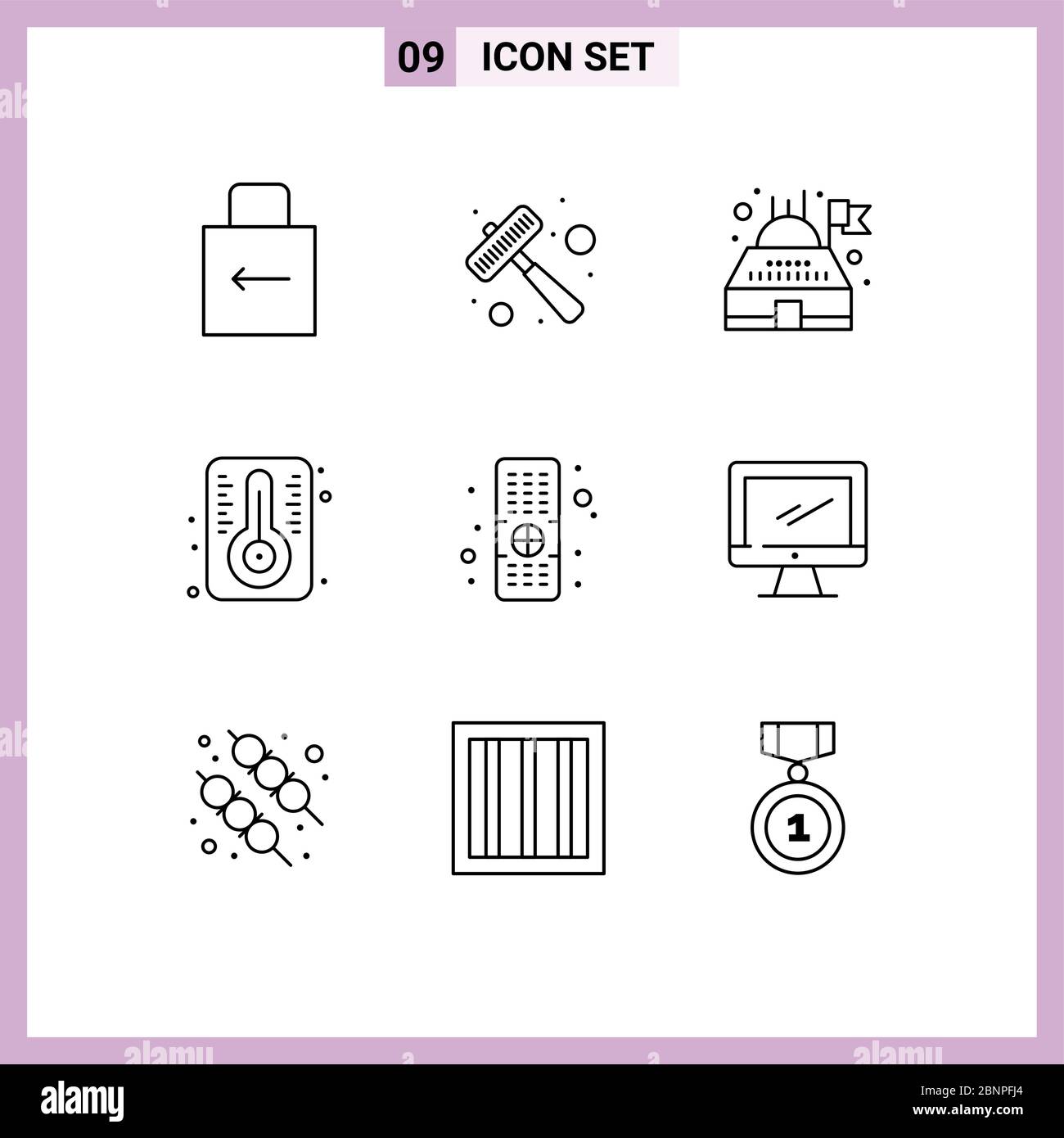 Editable Vector Line Pack of 9 Simple Outlines of computer, remote, building, control, temperature Editable Vector Design Elements Stock Vector