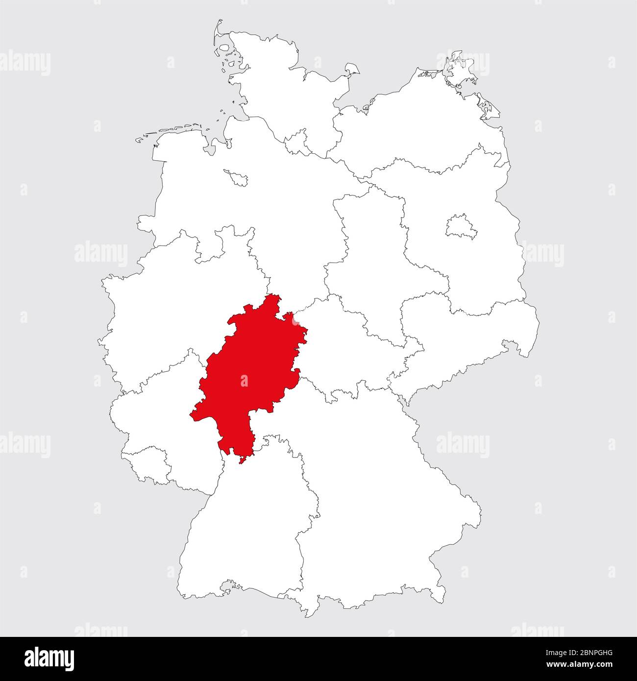 Hesse province highlighted on germany map. Gray background. German political map. Stock Vector