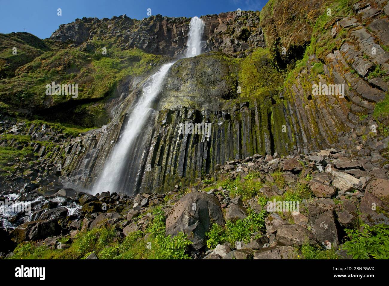 Bjarnafoss near Landakotsgil on the south coast of the Snaefellsnes peninsula falls 80m above basalt columns. Stock Photo