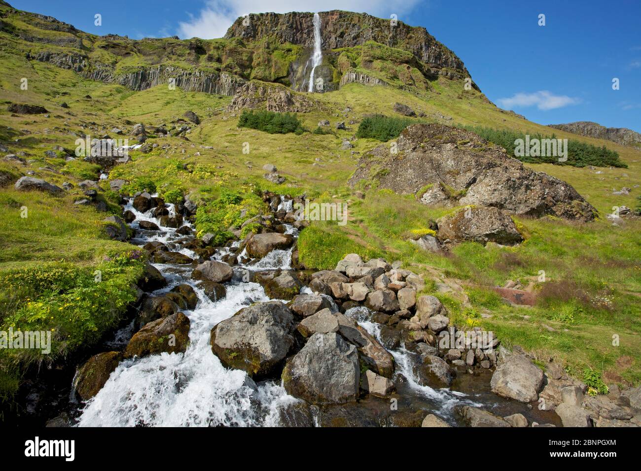 The 80m high Bjarnafoss of the Bjarnaa river near Landakotsgil on the south coast of the Snaefellsnes peninsula. Stock Photo