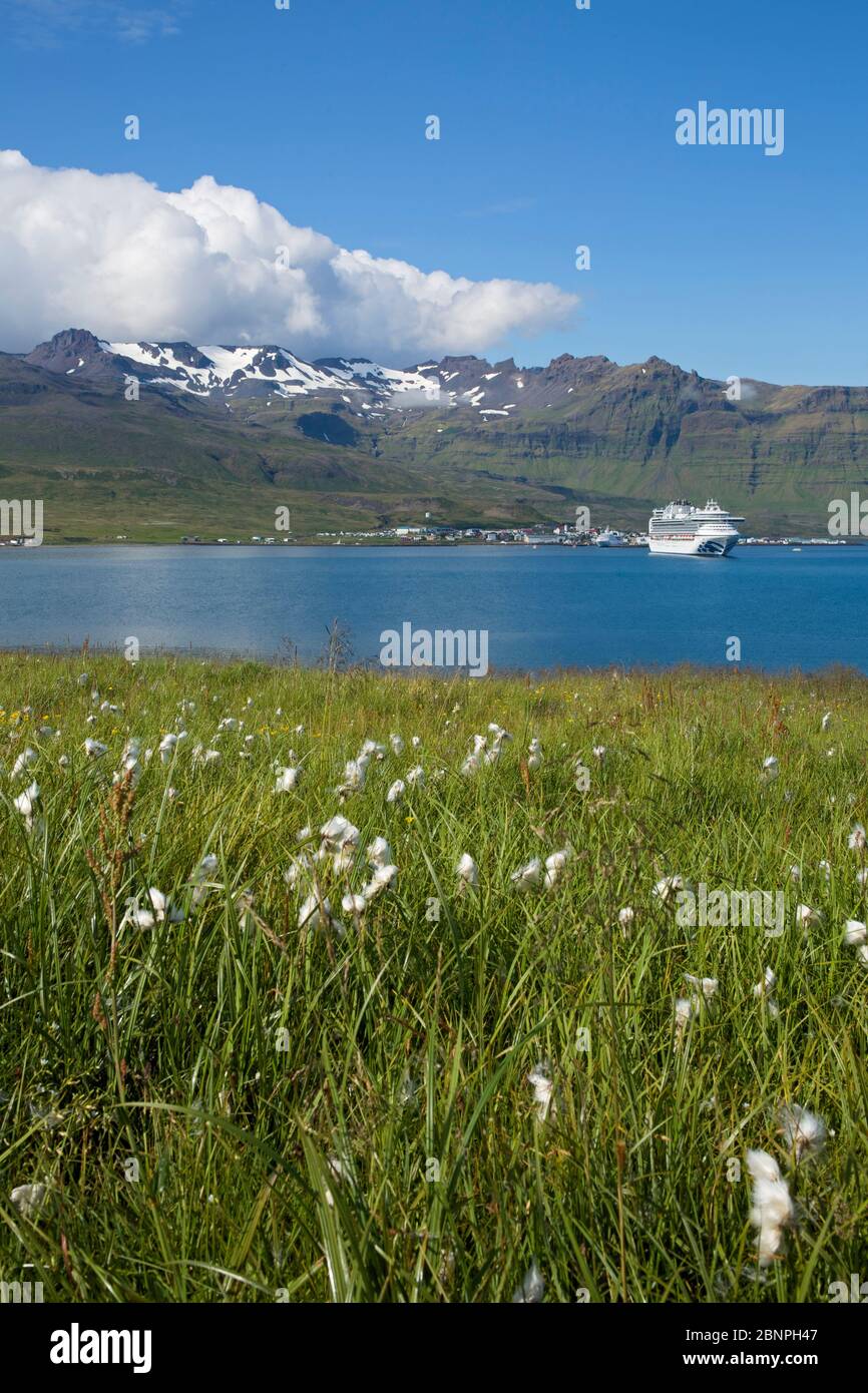 View over Grundarfjoerdur bay and Snaefellsnes to the snow-capped mountains of Kvernarfjall. In the bay is the cruise ship 'Sapphire Princess' in the roadstead. Stock Photo