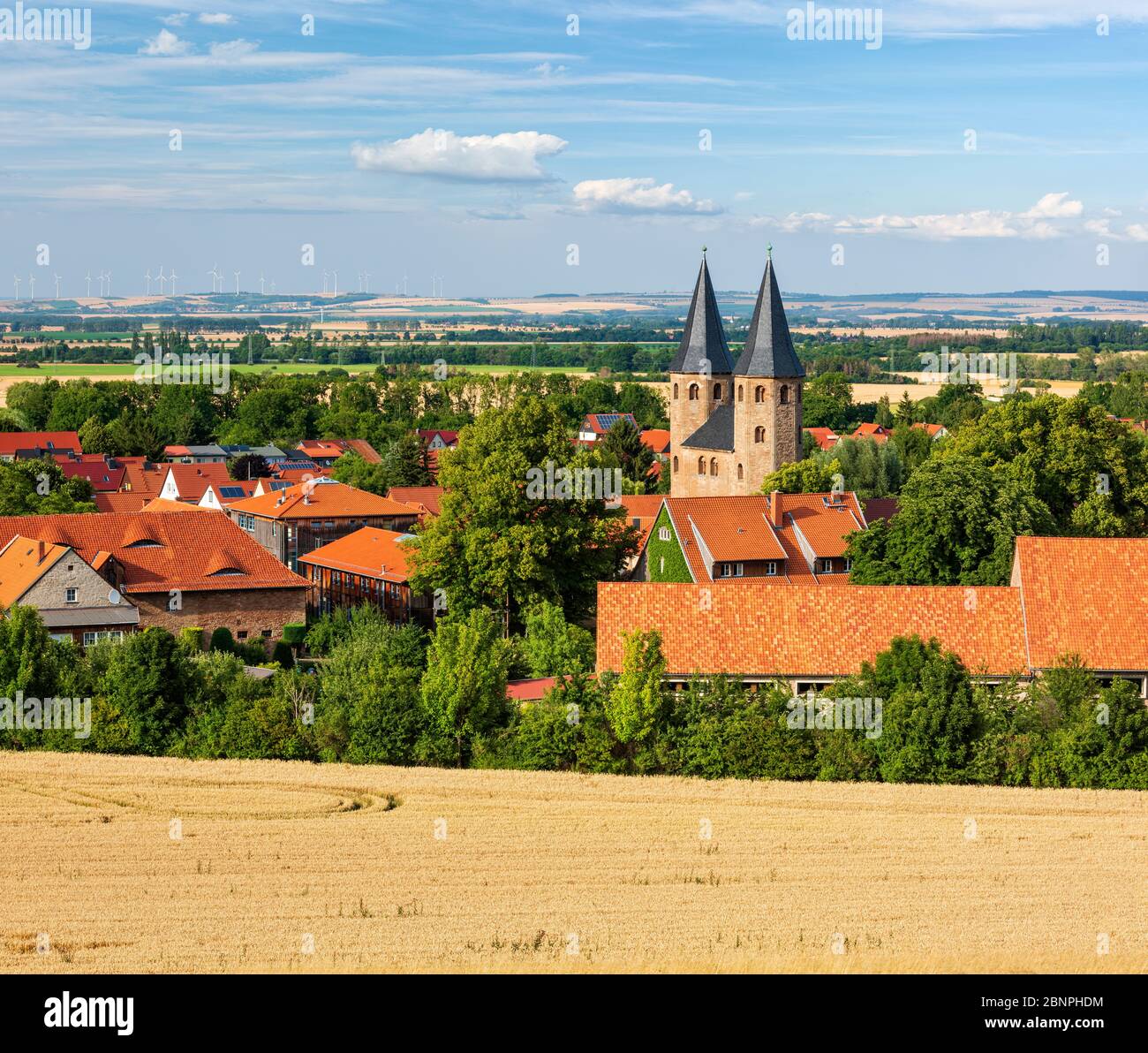 Germany, Saxony-Anhalt, view over wheat field to place and Drübeck monastery Stock Photo