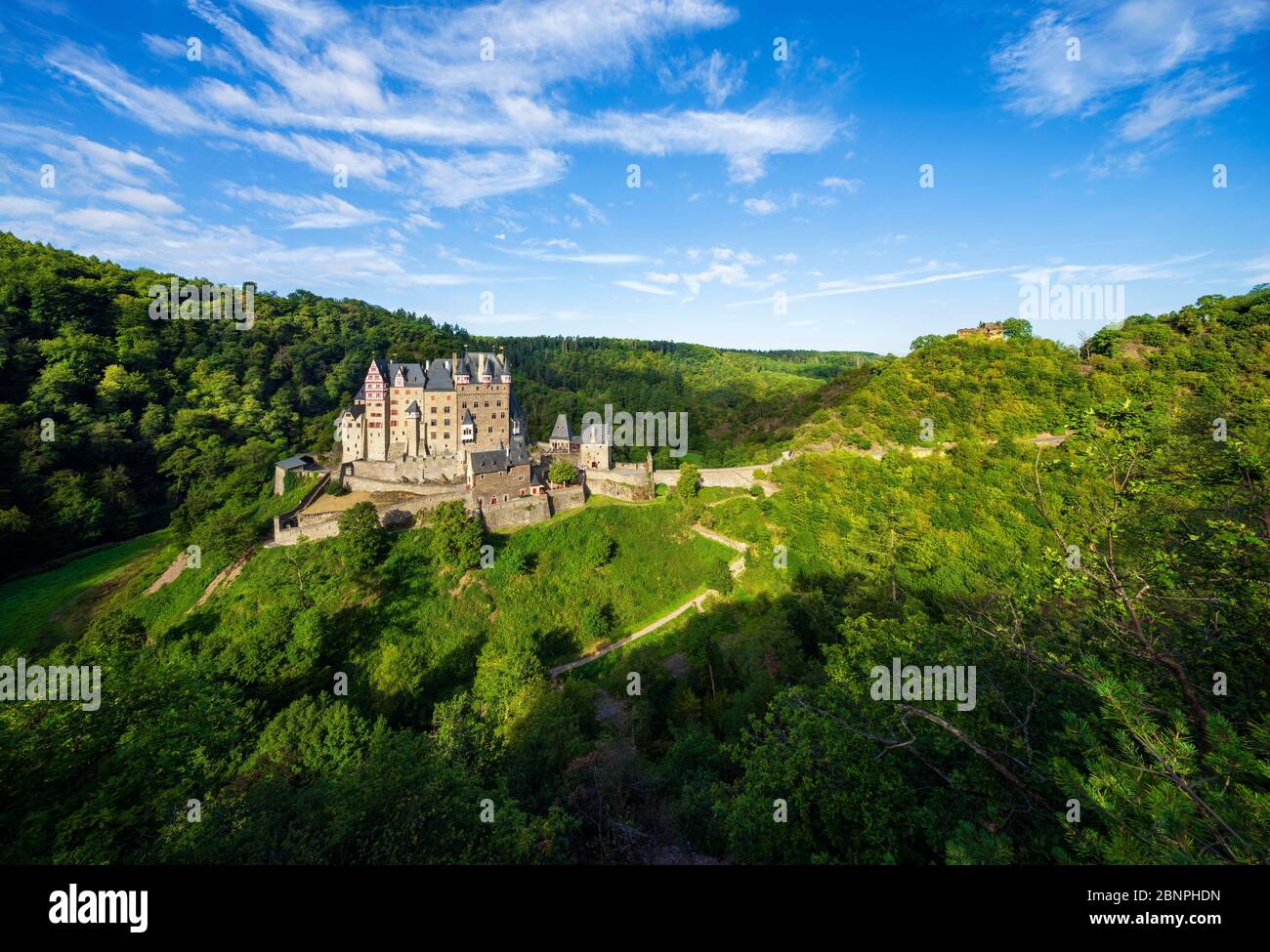 Germany, Rhineland-Palatinate, Münstermaifeld, Moselle Valley, Eifel, View of Eltz Castle and Trutzeltz Ruin Stock Photo