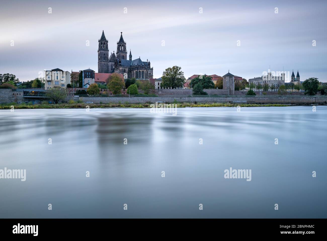 Germany, Saxony-Anhalt, Magdeburg, city view with Magdeburg Cathedral on the river Elbe Stock Photo