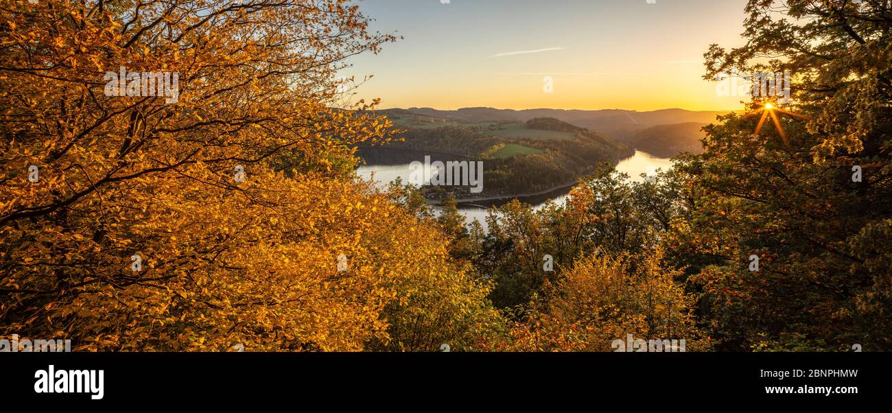 Germany, Thuringia, view of the Hohenwart dam at sunset in autumn Stock Photo