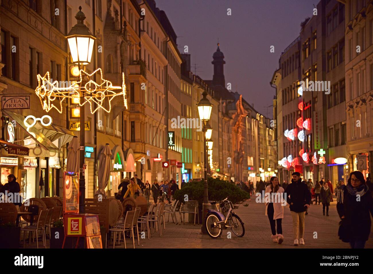 Europe, Germany, Bavaria, Munich, city, Sendlinger Strasse, Christmas decoration, nice shopping street, Stock Photo