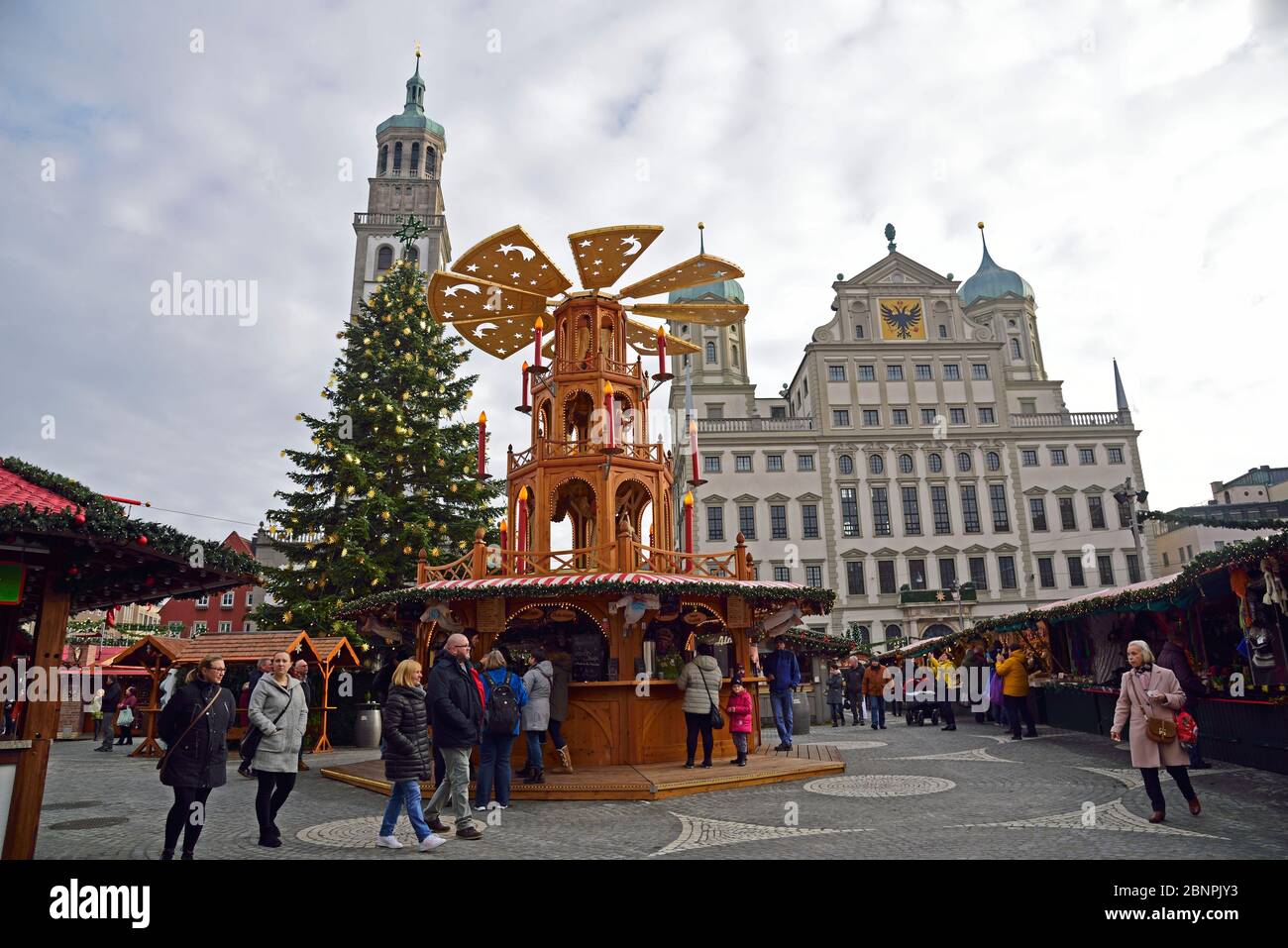 Europe, Germany, Bavaria, Swabia, Augsburg, Rathausmarkt, town hall, Renaissance, built 1615 to 1620, Perlach tower, 17 meters high, Christmas market, Stock Photo