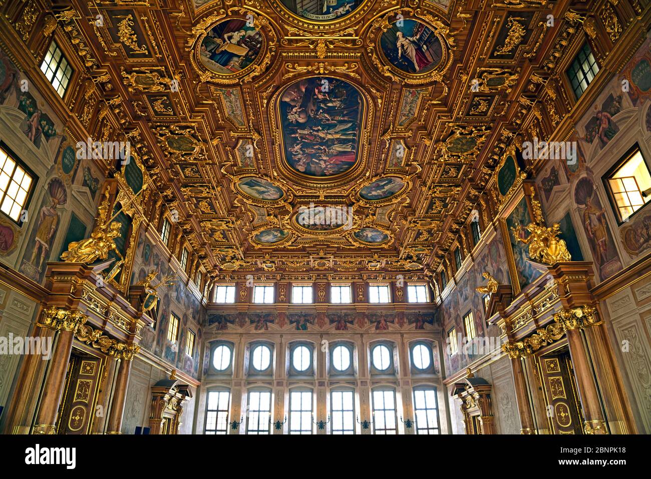 Europe, Germany, Bavaria, Swabia, Augsburg, Rathausmarkt, town hall, Renaissance, built 1615 to 1620, golden hall, view to the ceiling, Stock Photo