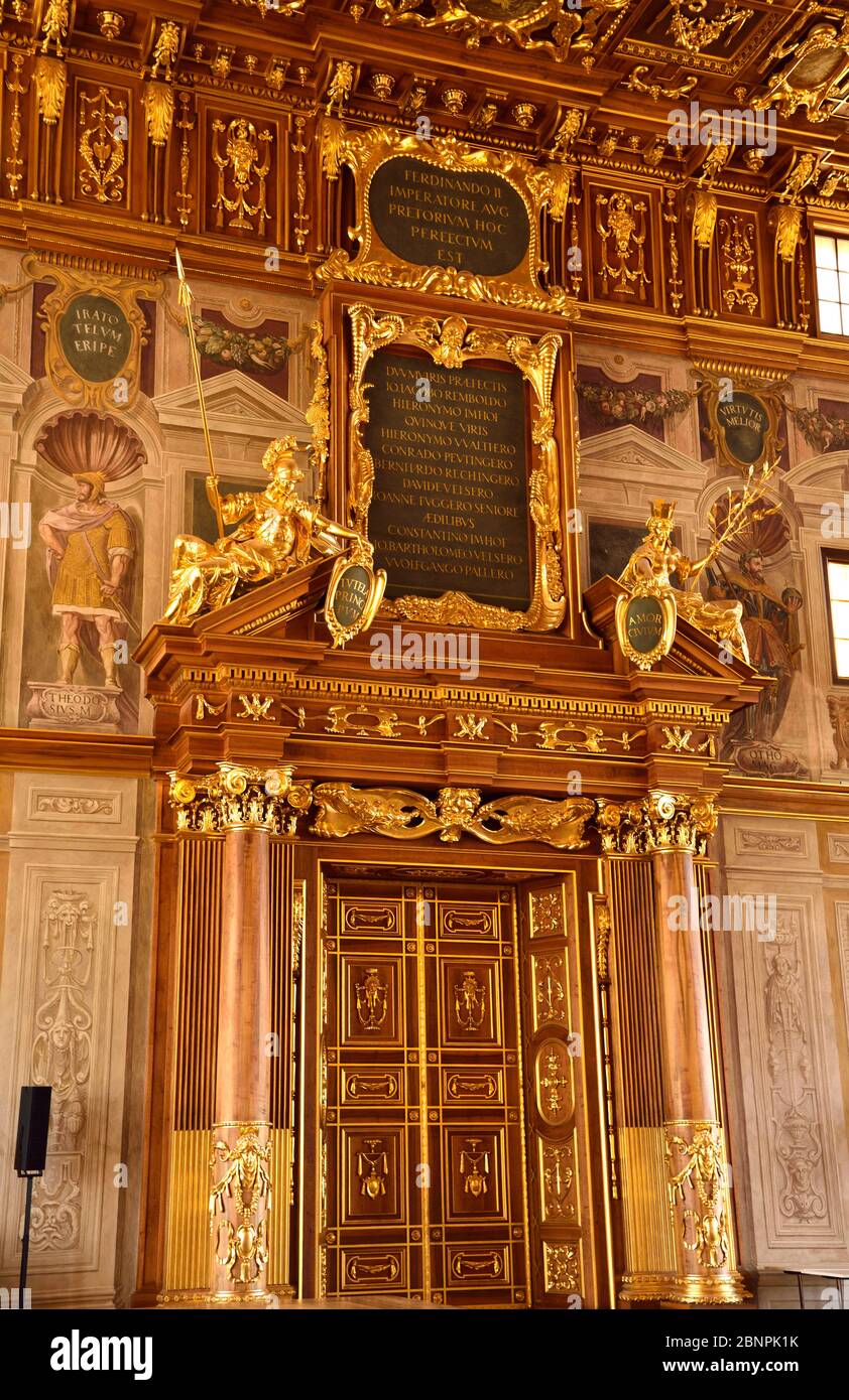Europe, Germany, Bavaria, Swabia, Augsburg, Rathausmarkt, town hall, Renaissance, built 1615 to 1620, golden hall, door portal, Stock Photo