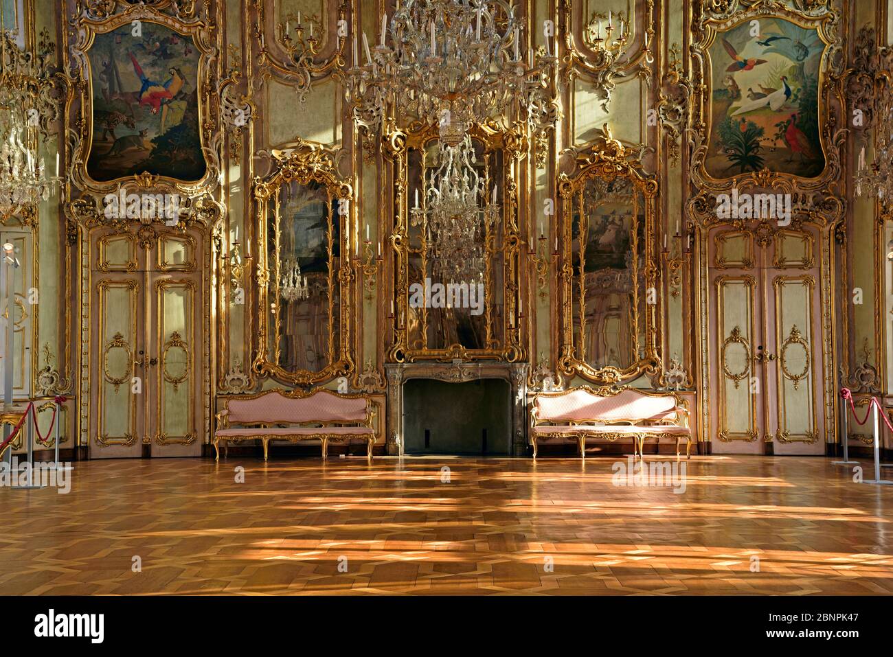 Europe, Germany, Bavaria, Swabia, Augsburg, Schaetzler-Palais, Rococo style, built 1765 to 1770, large ballroom, open fireplace, mirror, Stock Photo