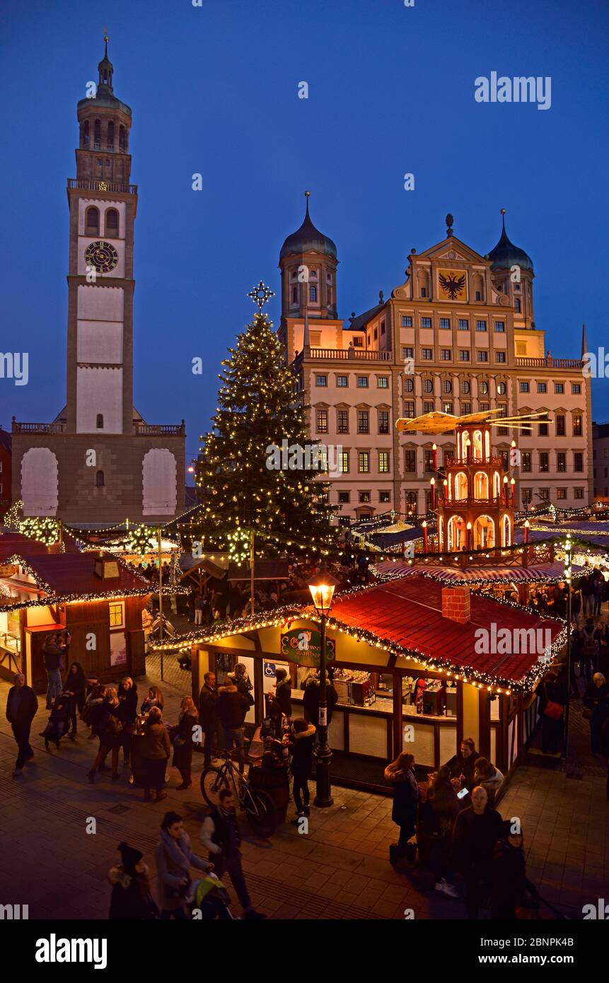 Europe, Germany, Bavaria, Swabia, Augsburg, Rathausmarkt, town hall, Renaissance, built 1615 to 1620, Perlach tower, 78 meters high, evening, Christmas market, Christmas tree, Stock Photo