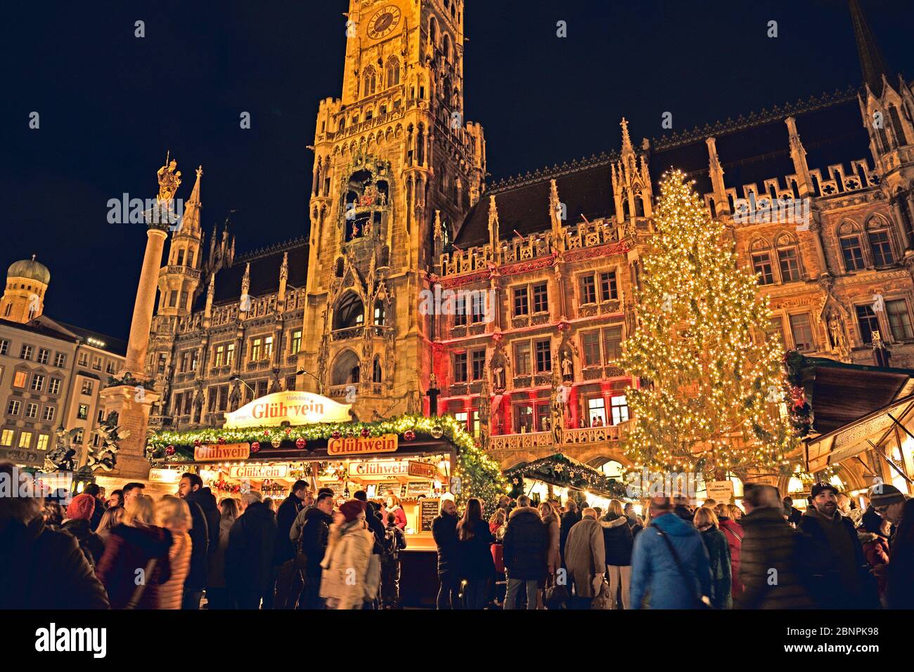 Europe, Germany, Bavaria, Munich, Marienplatz, Christmas, New Town Hall, Town Hall Tower, Glockenspiel, Evening, Christmas Market, Christmas Tree Stock Photo