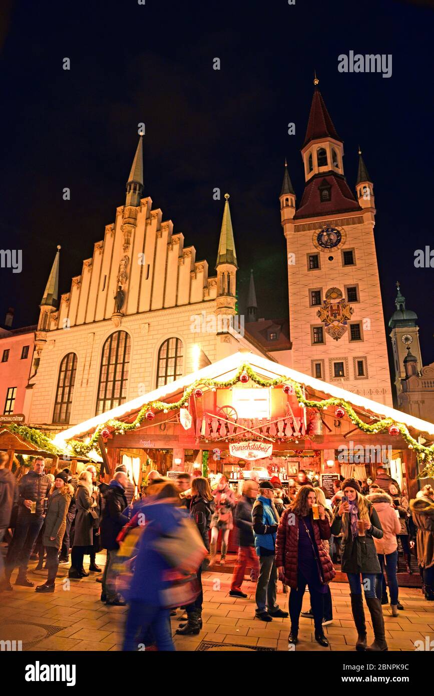 Europe, Germany, Bavaria, Munich, Marienplatz, old town hall and beautiful tower, Christmas market, Stock Photo