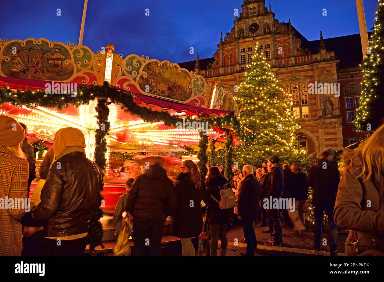 Europe, Germany, Hamburg, Harburg, Christmas market in front of the town hall, children's carousel, Stock Photo