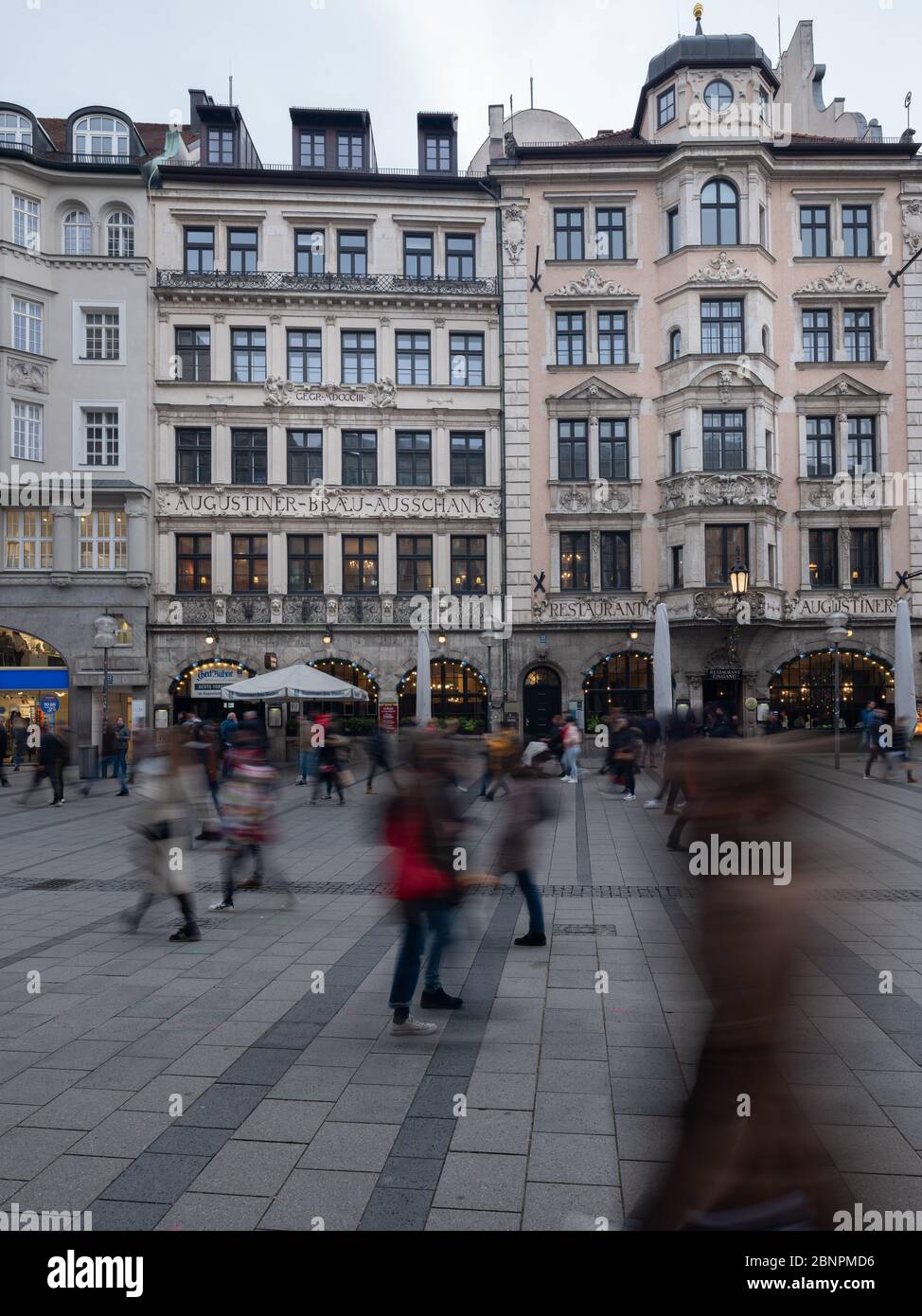 Pedestrian zone Munich with a view of the facade of the Augustiner Keller restaurant Stock Photo