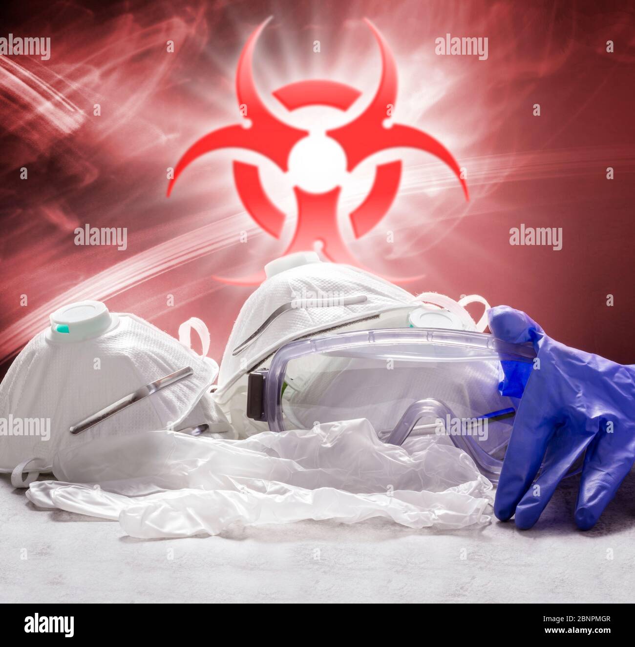 Symbol corona virus, protective masks, protective gloves Stock Photo