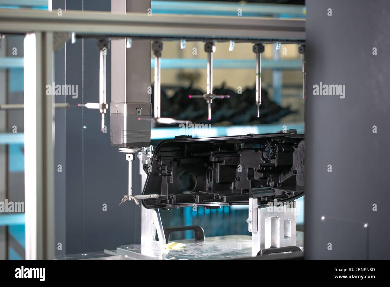 Close up of 3D dimension measurement plastic parts by CMM, 3D automatic