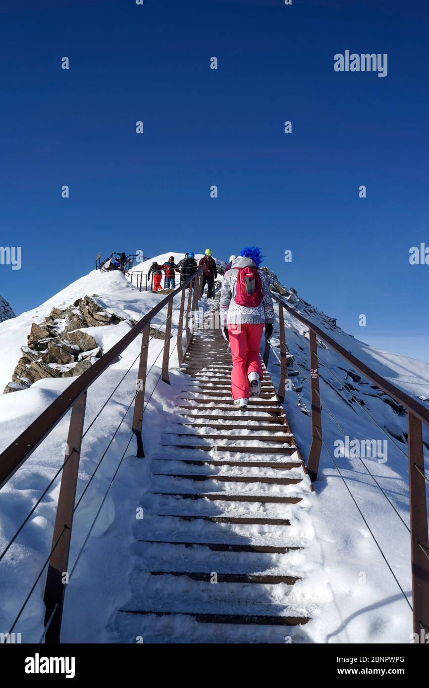 Austria, Tyrol, Stubai Valley, Stubai Glacier, stairs to the viewing  platform Top of Tyrol, 3210m, winter, tourists, skiers Stock Photo - Alamy