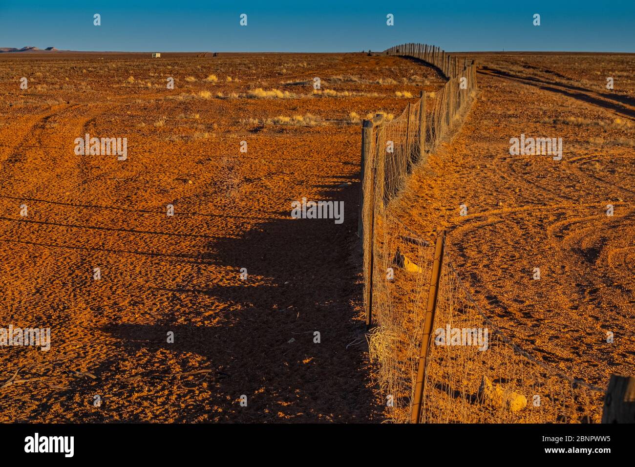 View along a section of the famous Dingo Fence or Dog Fence at Coober Pedy, South Australia, Outback. Stock Photo