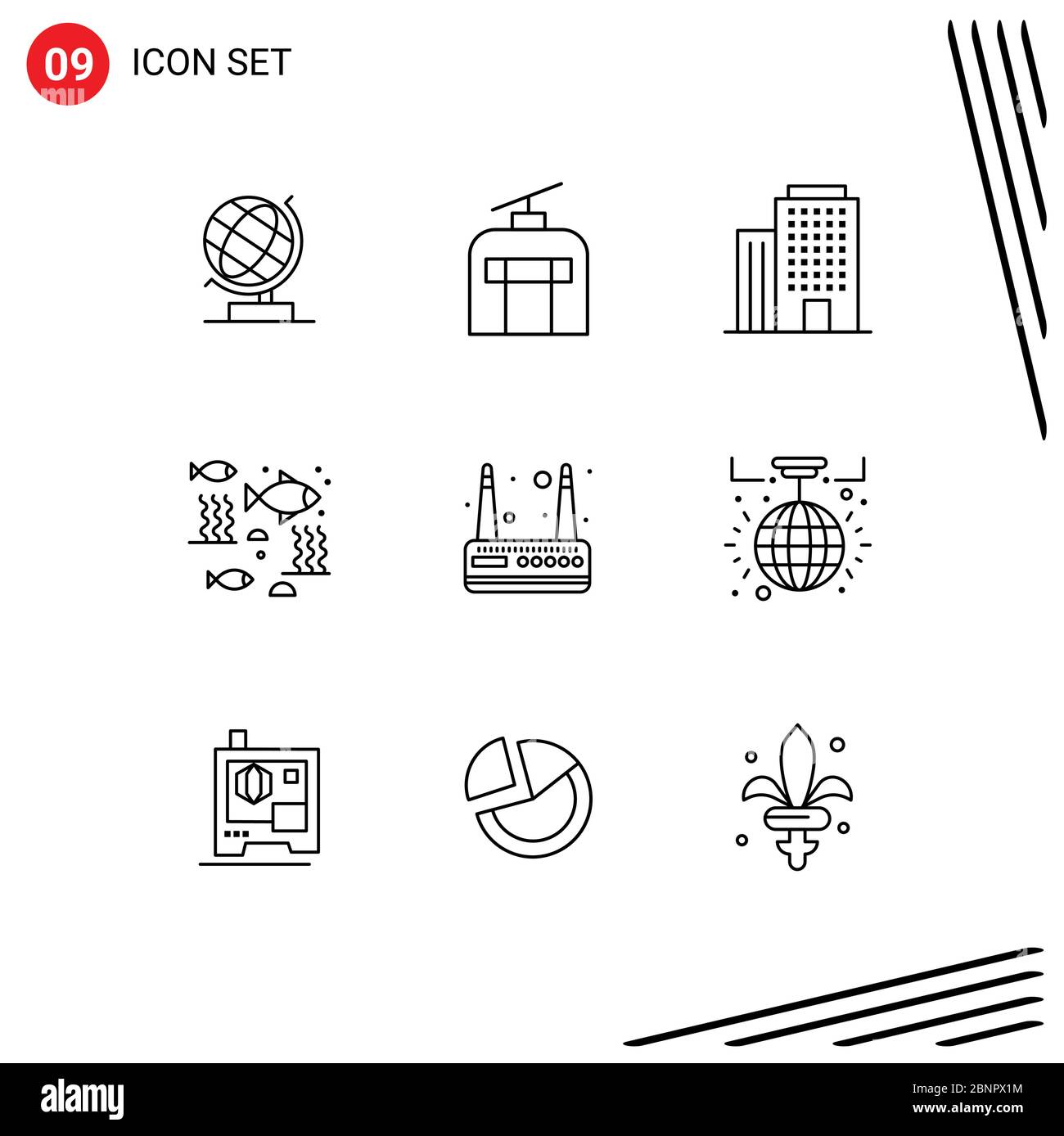 Editable Vector Line Pack of 9 Simple Outlines of router, under water, building, sea, fishing Editable Vector Design Elements Stock Vector