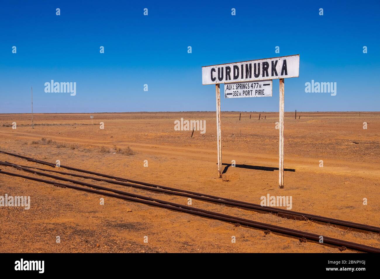 Curdimurka Terminal siding on the Old Ghan Railway near Lake Eyre in outback South Australia. Stock Photo