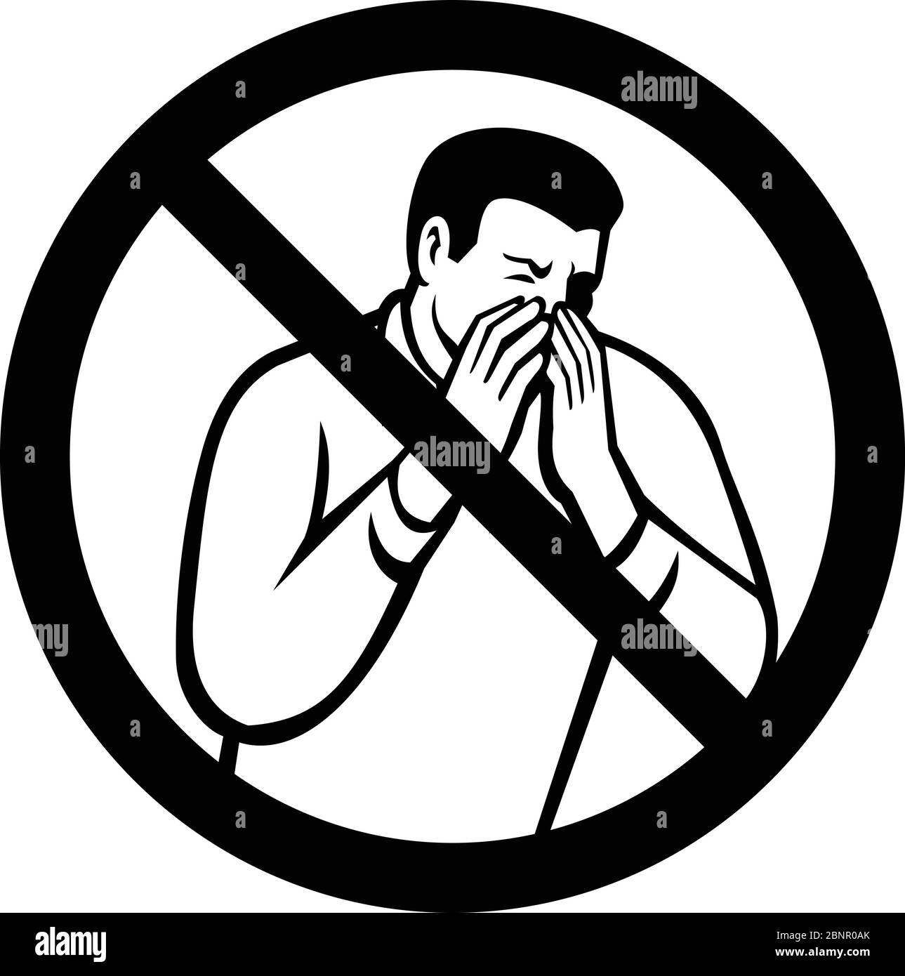 Black and white sign of no coughing or sneezing showing a man in a sneeze or cough covering or into hand to prevent the fluids and virus infection fro Stock Vector
