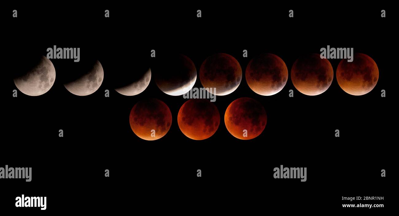 London, UK. 28th October 2015. Total lunar eclipse sequence. Stock Photo