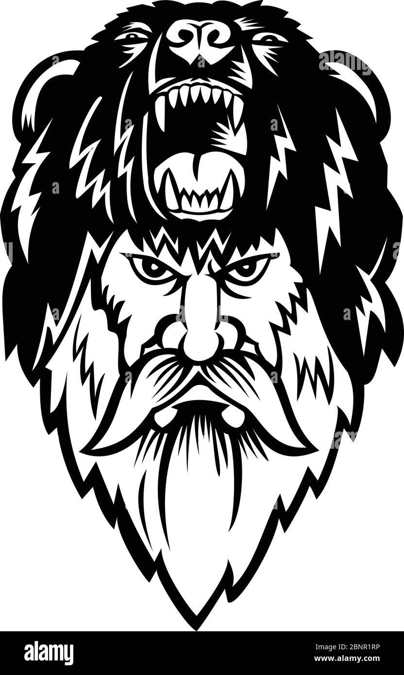 Black and White illustration of head of a berserker or bear warrior wearing bear skin viewed from front  on isolated background in retro style. Stock Vector